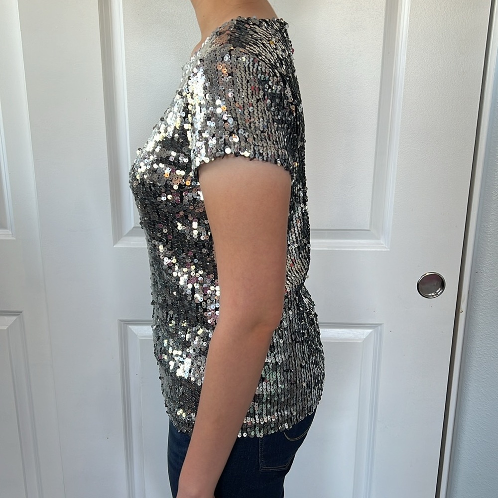 Inc Silver Glam Bling Sequin Basic Tee T Shirt M … - image 3